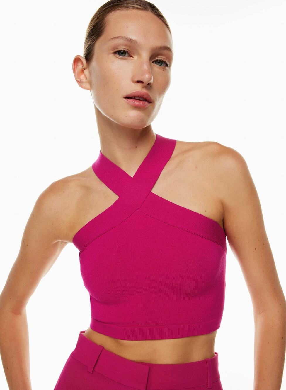 Aritzia Babaton Sculpt Knit Criss Cross Cropped Tank Granita Pink - Size: Medium